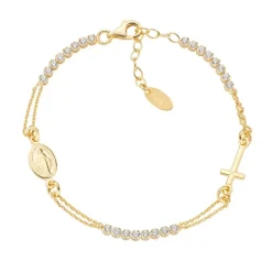 AMEN - Bracciale Dorato Stile Rosario con Tennis Bianco