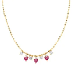 AMEN - Collana Chandelier Princess Dorata con Zirconi Bianchi e Cuori Rubino