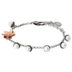 Bottega Boccadamo - Bracciale In Argento Brunito Con Perle Naturali E Fiore Di Ninfea Rosè
