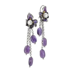 Bottega Boccadamo - Orecchini Con Fiore Di Iris, Perle Naturali E Cristalli Ametista