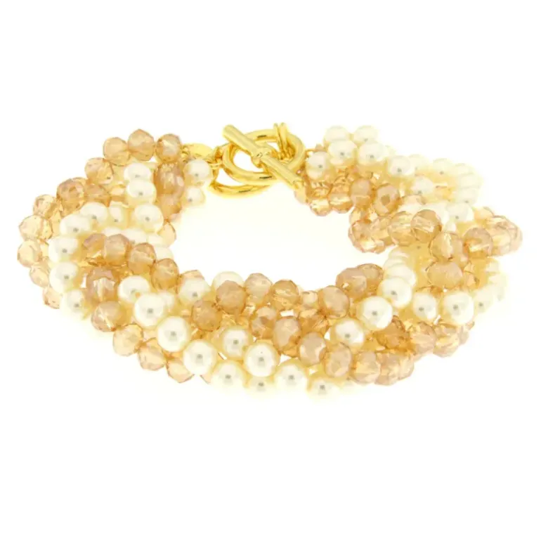 BYSIMON - Bracciale in Metallo con perline bianche e marroni intrecciate