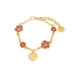 BySimon - Bracciale in Metallo con fiori rosa e cuore pendente