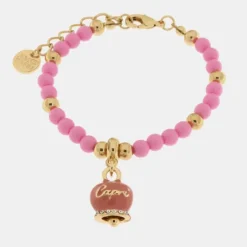 BySimon - Bracciale in Metallo con campanella pendente e perline rosa