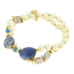 BYSIMON - Bracciale in Metallo multifilo con perle bianche e pietre blu
