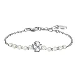 Luca Barra - BRACCIALE DONNA CON QUADRIFOGLIO IN ACCIAIO E PERLE BIANCHE