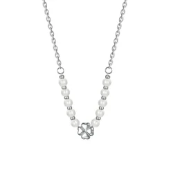 LUCA BARRA - COLLANA DONNA CON QUADRIFOGLIO IN ACCIAIO E PERLE BIANCHE