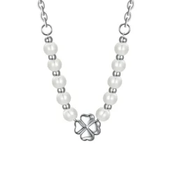 LUCA BARRA - COLLANA DONNA CON QUADRIFOGLIO IN ACCIAIO E PERLE BIANCHE