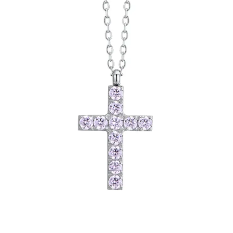 Luca Barra - COLLANA DONNA IN ACCIAIO CON CROCE E ZIRCONI ROSA