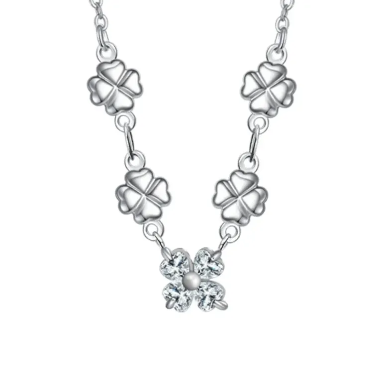 LUCA BARRA - COLLANA IN ACCIAO CON QUADRIFOGLI E ZIRCONI BIANCHI