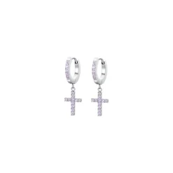 LUCA BARRA - ORECCHINI DONNA CERCHIO IN ACCIAIO CON CROCE E ZIRCONI ROSA