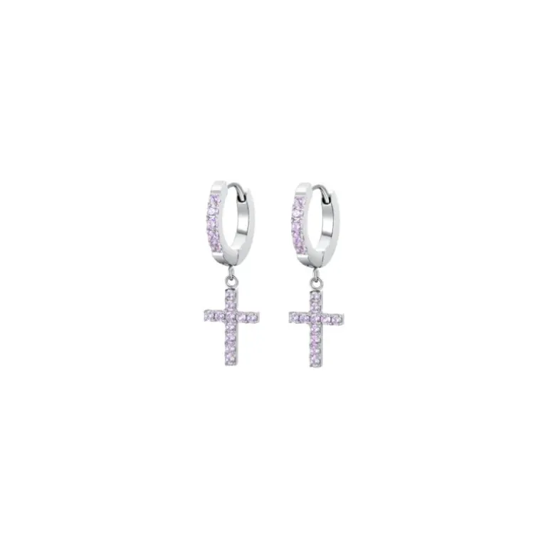 LUCA BARRA - ORECCHINI DONNA CERCHIO IN ACCIAIO CON CROCE E ZIRCONI ROSA