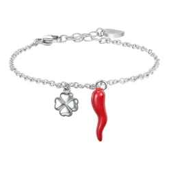 Luca Barra - BRACCIALE IN ACCIAIO CON CORNO ROSSO E QUADRIFOGLIO