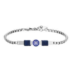 Luca Barra - BRACCIALE IN ACCIAIO, PIASTRA CON SMALTO BLU E TIMONE E CORDA BLU