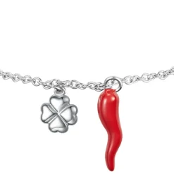 Luca Barra - BRACCIALE IN ACCIAIO CON CORNO ROSSO E QUADRIFOGLIO