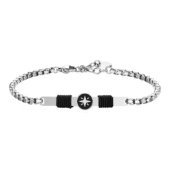 Luca Barra - BRACCIALE UOMO IN ACCIAIO, PIASTRA CON SMALTO NERO E ROSA DEI VENTI E CORDA NERA