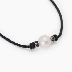 MABINA - Collana in argento con cordino nero e perla bianca TROPICAL