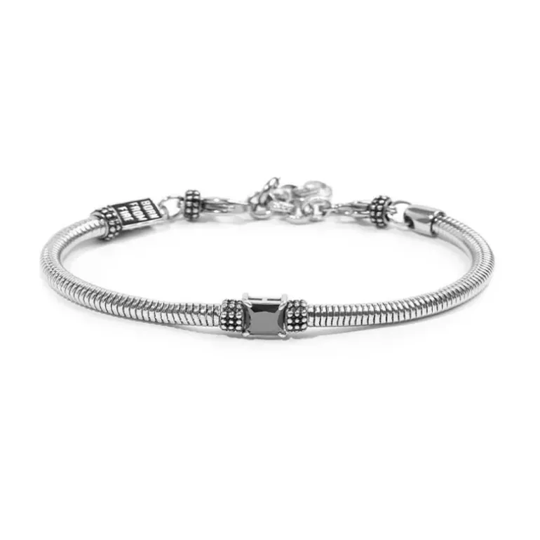 Marlù Bracciale catena snake tonda con zircone quadrato nero centrale