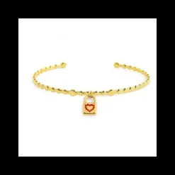 Marlù - BRACCIALE RIGIDO A PALLINE CON PENDENTE LUCCHETTO CON CUORE CRISTALLI ROSSI PVD ORO