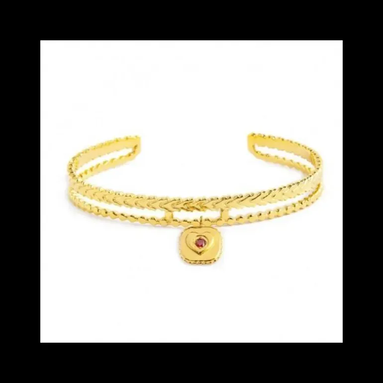 Marlù - BRACCIALE RIGIDO DOPPIO CON PENDENTE QUADRATO CUORE CRISTALLO ROSSO PVD ORO