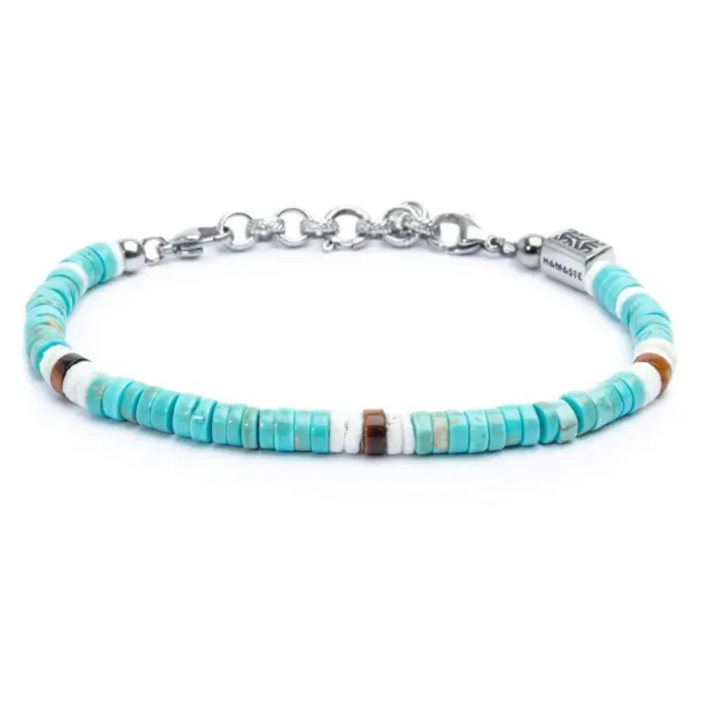 Marlù - Cavigliera con dischetti turchesi occhio di tigre e conchiglie bianche