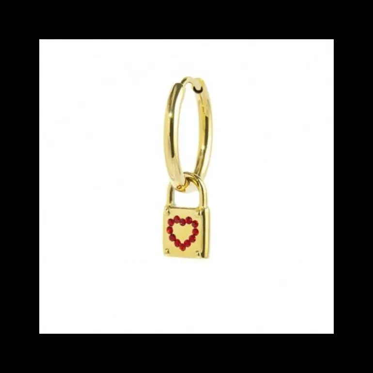 Marlù - ORECCHINO A CERCHIO CON PENDENTE LUCCHETTO CRISTALLI ROSSI PVD ORO