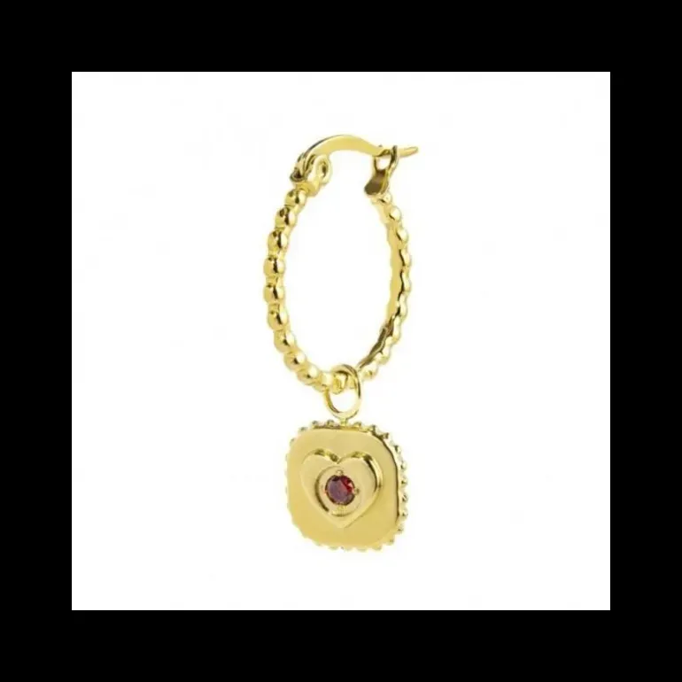 Marlù - ORECCHINO A CERCHIO CON PENDENTE QUADRATO CUORE CRISTALLO ROSSO PVD ORO