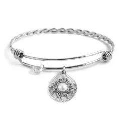 Marlù BRACCIALE RIGIDO BANGLE PENDENTE SOLE CON PERLA E CRISTALLO ACCIAIO