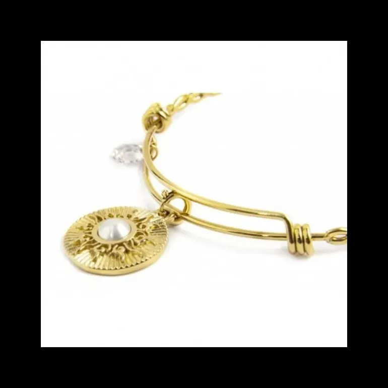 Marlù BRACCIALE RIGIDO BANGLE PENDENTE SOLE CON PERLA E CRISTALLO PVD ORO