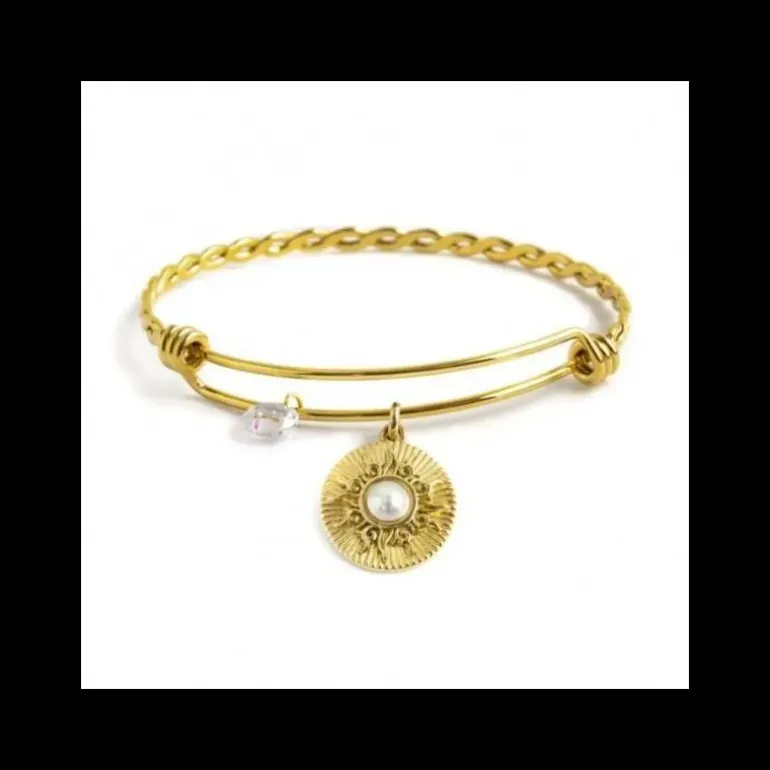 Marlù BRACCIALE RIGIDO BANGLE PENDENTE SOLE CON PERLA E CRISTALLO PVD ORO