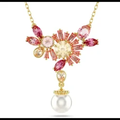 SWAROVSKI - Collana con Pendente Gema Taglio misto, Crystal Pearl, Fiore, Rosa, Placcato color oro