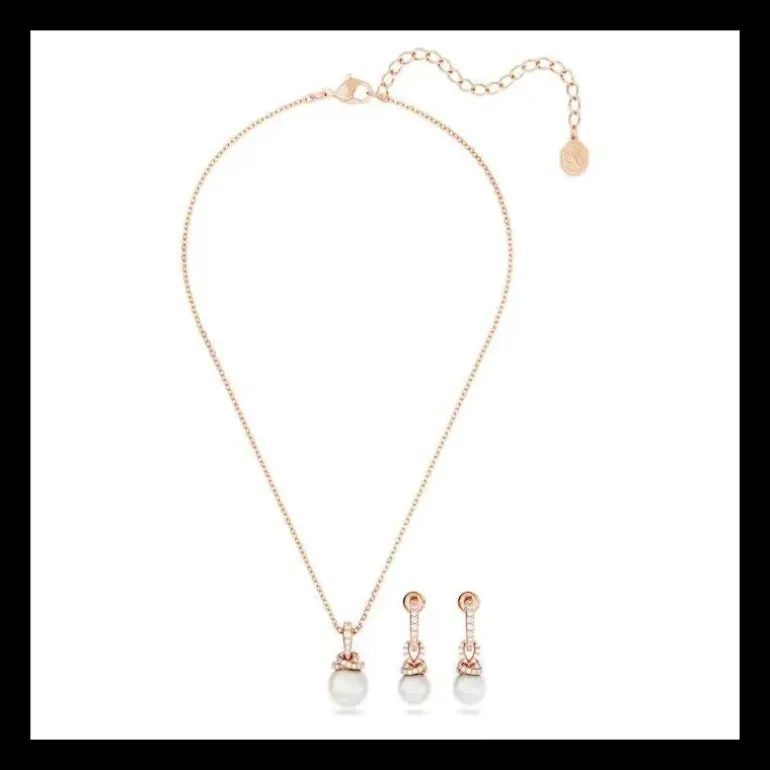Swarovski - Collana e Orecchini Originally Crystal Pearl set , Bianco, Placcato color oro rosa