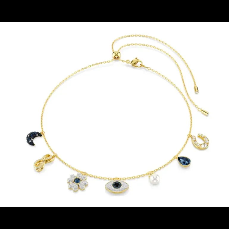 SWAROVSKI - Collana Girocollo Symbolica Luna, infinito, quadrifoglio, evil eye e ferro di cavallo, Blu, Placcato color oro