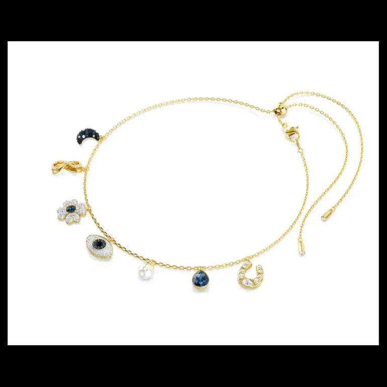 SWAROVSKI - Collana Girocollo Symbolica Luna, infinito, quadrifoglio, evil eye e ferro di cavallo, Blu, Placcato color oro
