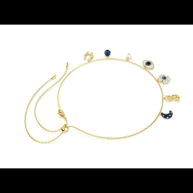 SWAROVSKI - Collana Girocollo Symbolica Luna, infinito, quadrifoglio, evil eye e ferro di cavallo, Blu, Placcato color oro