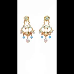 VINTAGE BIJOUX - Orecchini pendenti con perle grigie e pietre celesti