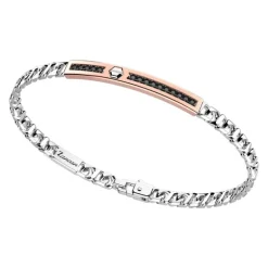 Zancan - Bracciale a grumetta in argento con targa ed inserti in oro rosa e pietre nere.