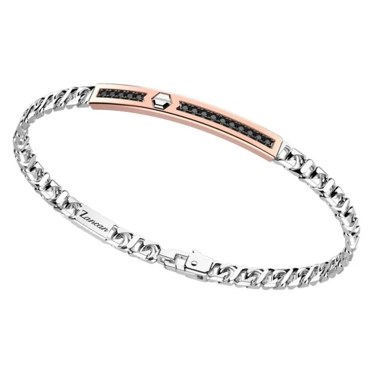 Zancan - Bracciale a grumetta in argento con targa ed inserti in oro rosa e pietre nere.