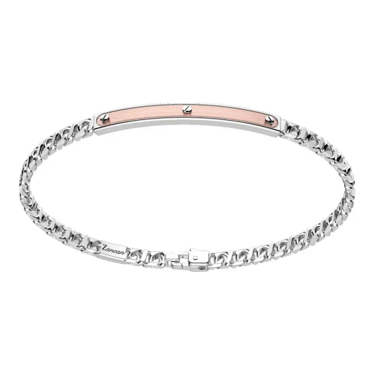 Zancan - Bracciale a grumetta in argento con targa ed inserti in oro rosa.
