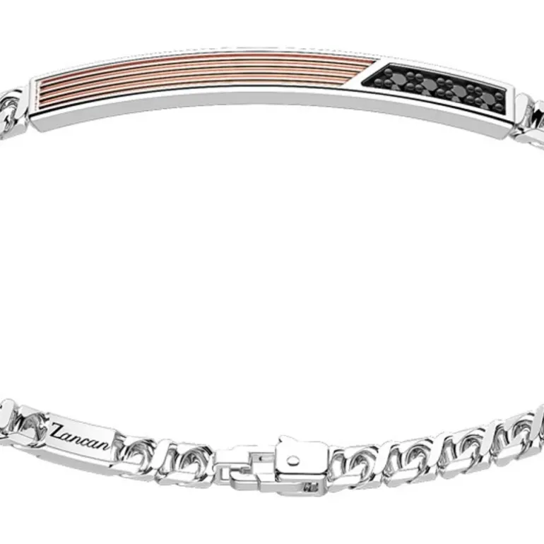 Zancan - Bracciale a grumetta in argento con targa ed inserti in oro rosa e pietre nere.