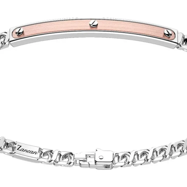 Zancan - Bracciale a grumetta in argento con targa ed inserti in oro rosa.